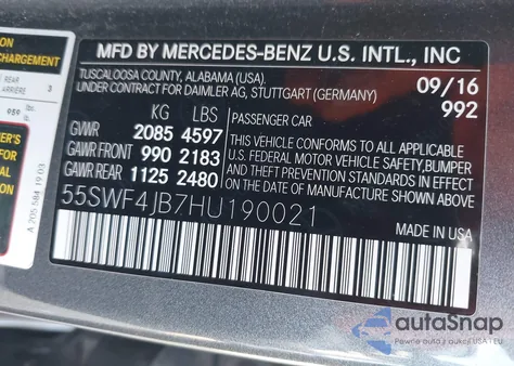 2017 Mercedes-Benz C 300 из США, поврежденный, VIN 55SWF4JB7HU190021